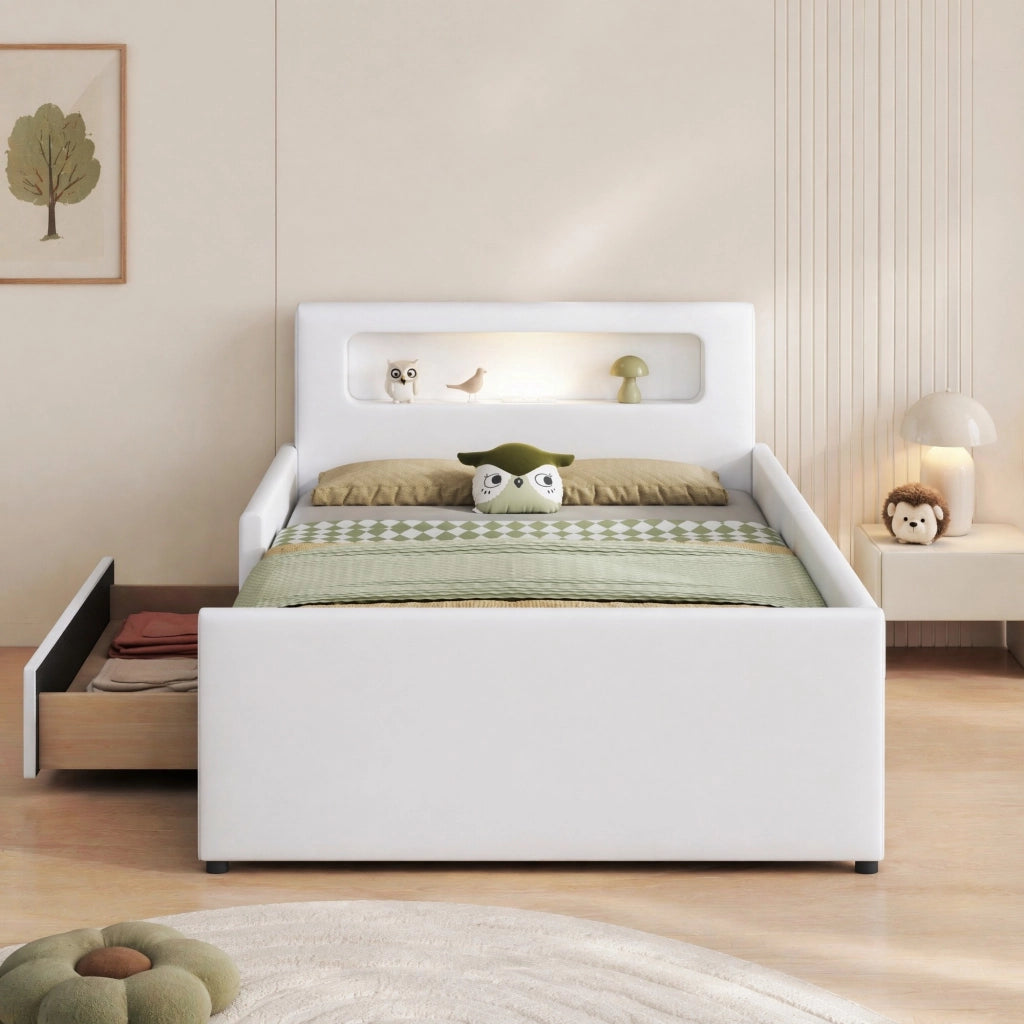 DESMIU Letto per bambini singolo con USB, luce notturna e cassetto 90 × 200 cm, senza materasso, bianco