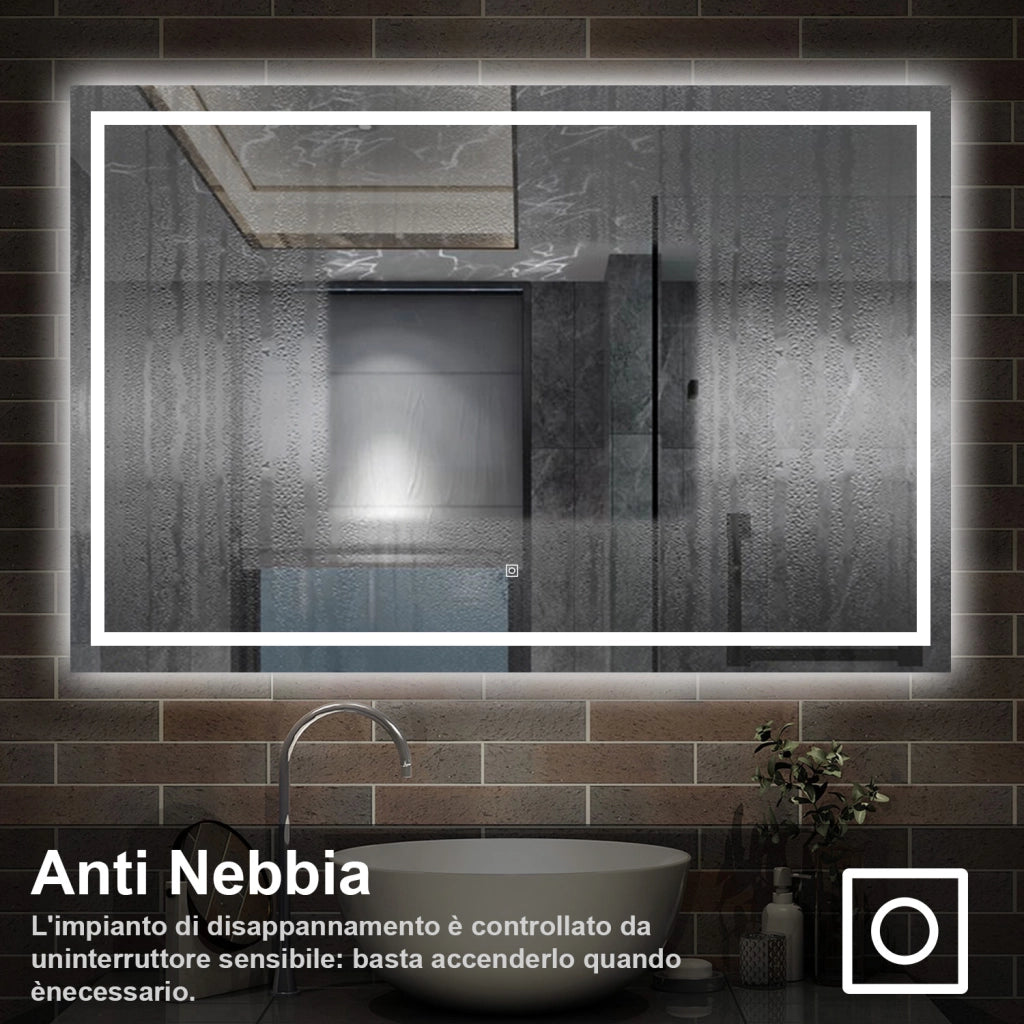 specchio rettangolare 120 x 80 cm con luce led antiappannamento e touch, 3 colori