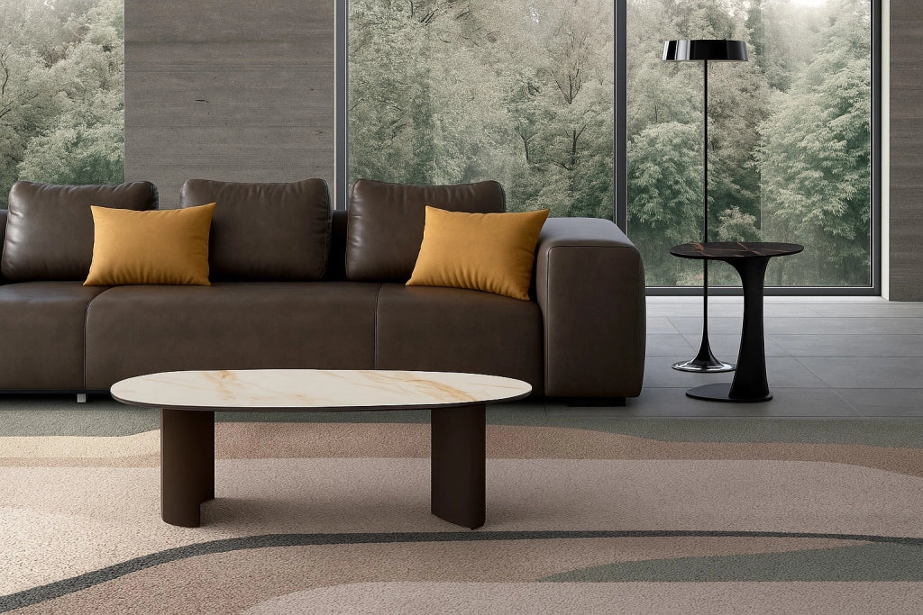 Tavolino da Salotto Dolmen in Ceramica su Vetro e Struttura in Metallo Verniciato Bronzo - Design Moderno 100x55x35 cm - Raffinato