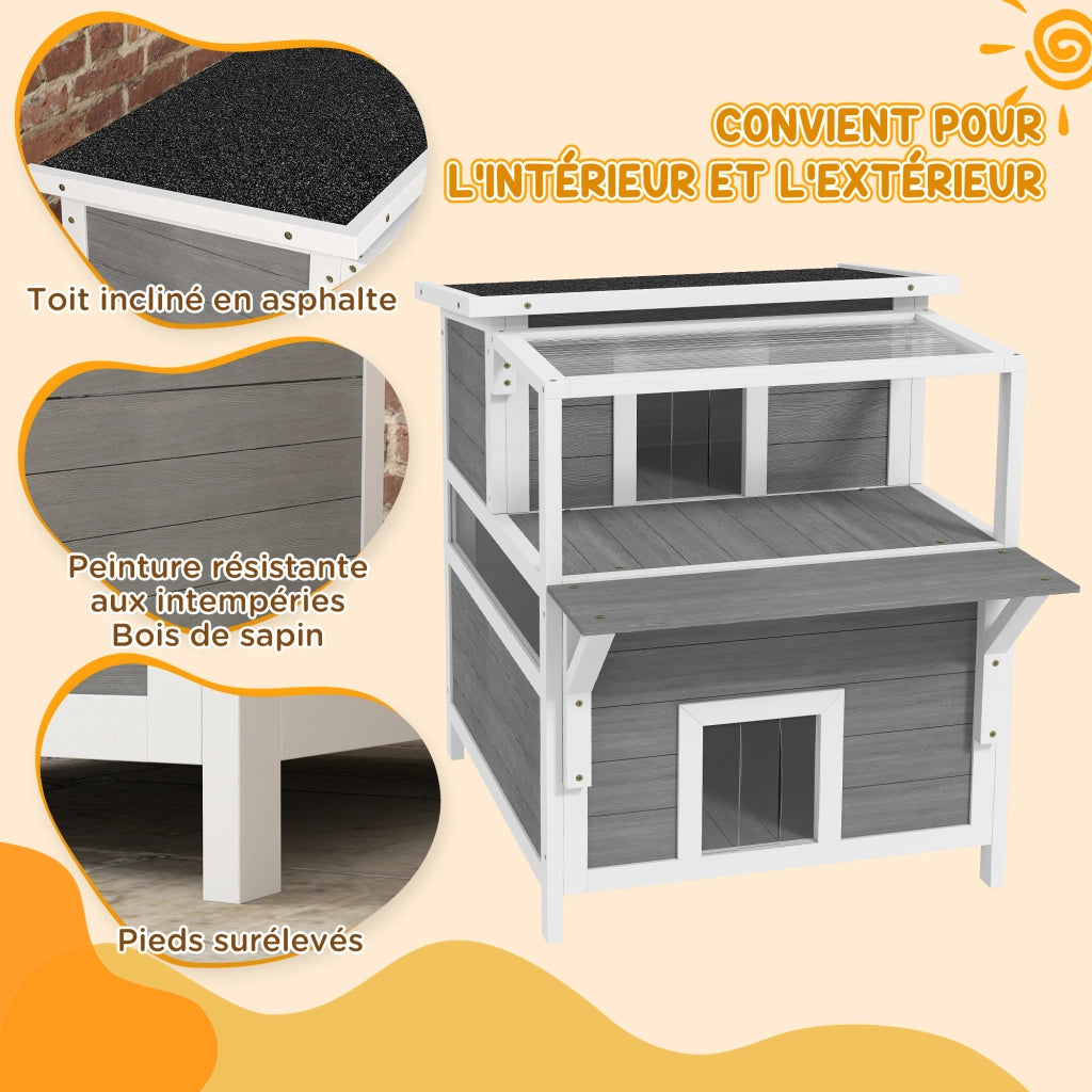 Casetta per Gatti 2 Livelli con Balcone e Tetto Aprile ¨C Zephmum ¨C Grigio Chiaro