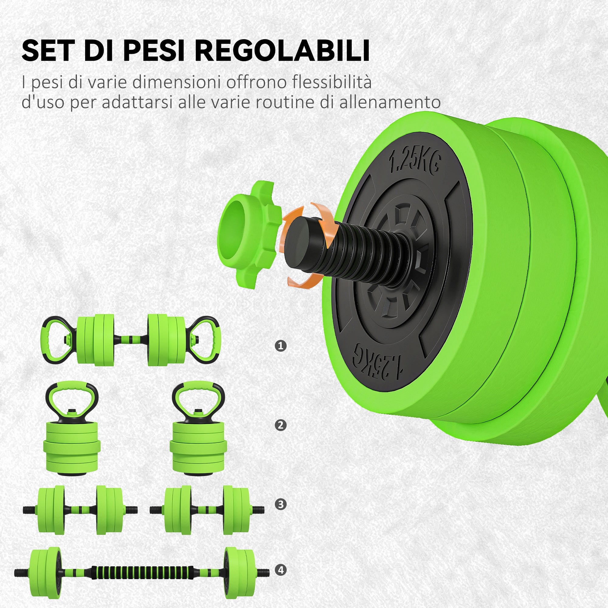 Set Pesi da Palestra 4 in 1 da 20kg Convertibile in Kettlebell 2 Manubri Bilanciere e Supporto Flessioni Verde