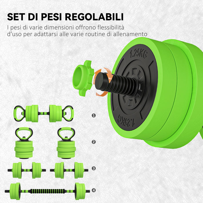 Set Pesi da Palestra 4 in 1 da 20kg Convertibile in Kettlebell 2 Manubri Bilanciere e Supporto Flessioni Verde