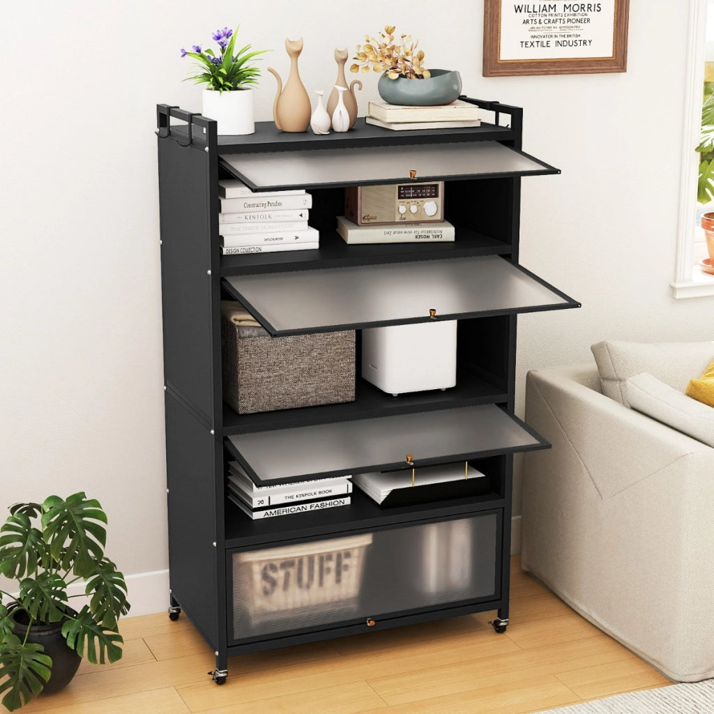 Armadio da cucina a 5 ripiani con 4 ante a ribalta e piedini regolabili, Carrello porta microonde per sala da pranzo Nero-Credenze buffet