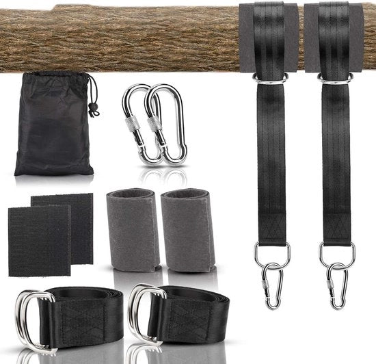 Kit di fissaggio per swing o hamac massimo 500 kg con placchette di protezione per albero e ganasce da carabiner