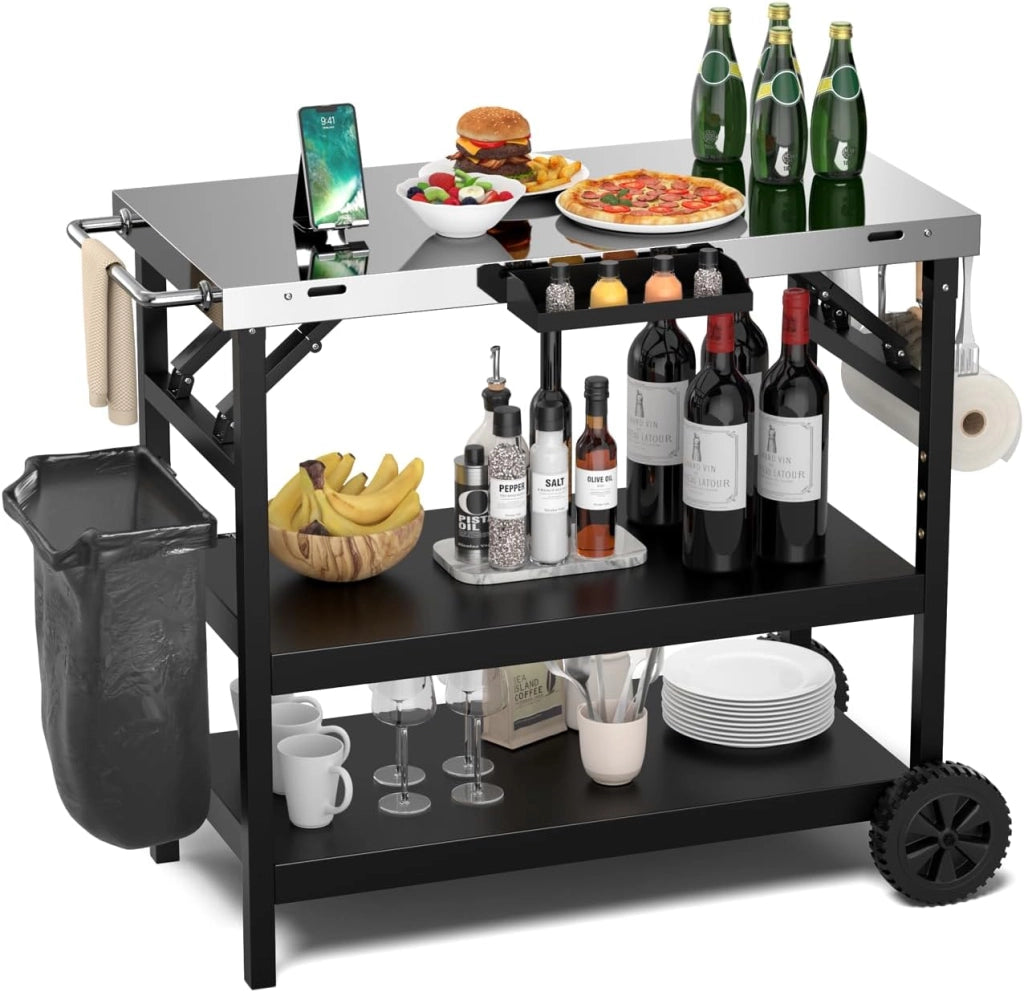 Carrello Barbecue con 3 Ripiani, Carrello per Grigliare, 106 x 52 x 84cm, Carrello da Pranzo per BBQ in Metallo, con Ripiano Regolabile, Ruote, Portasciugamani e Supporto per Cellulare, Nero