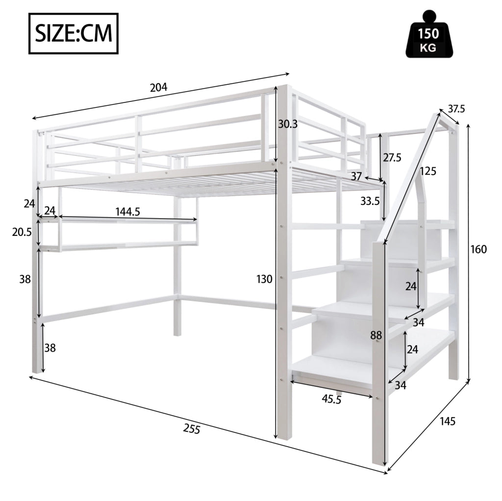 Letto a castello 140x200 cm con scaffali e scala contenitore; metallo; bianco (Senza materasso)