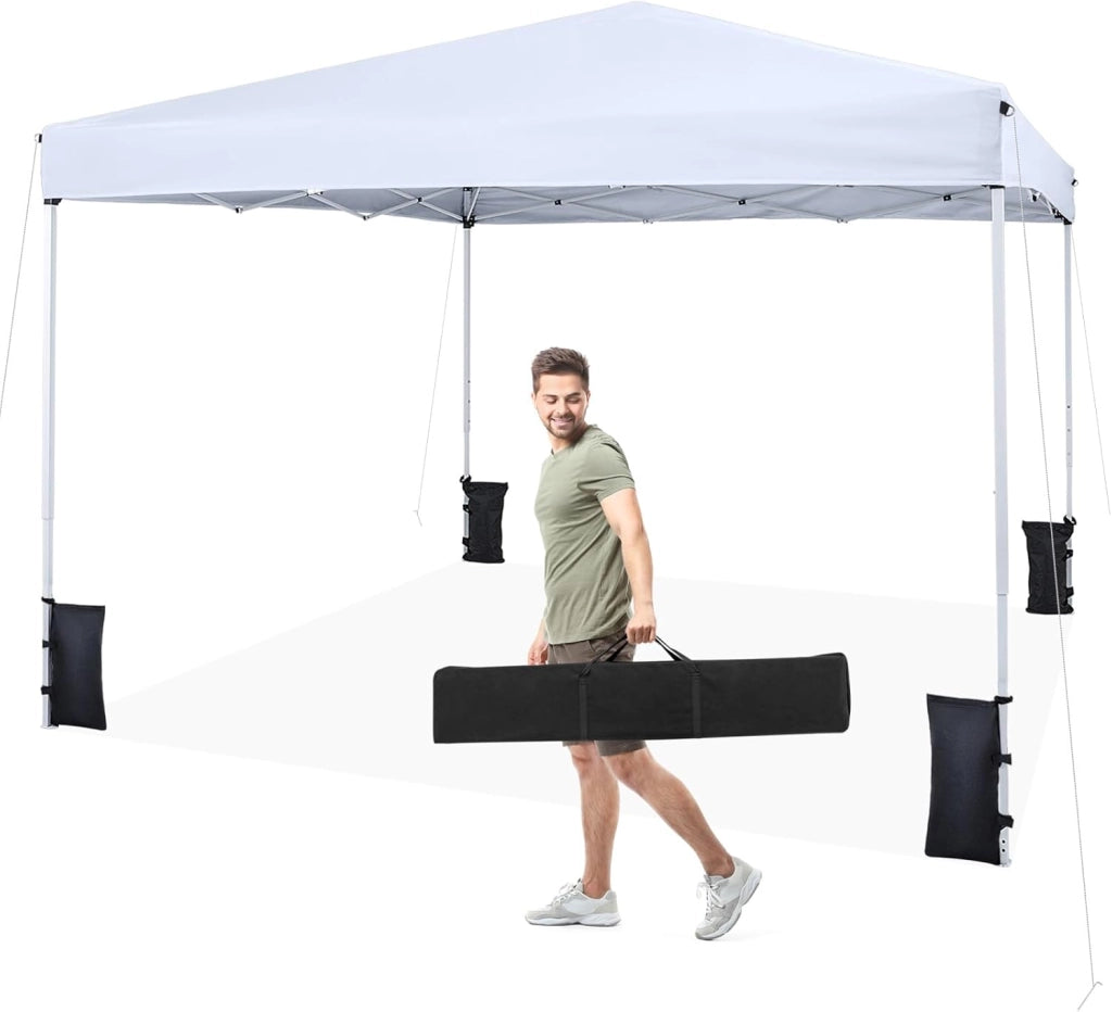 Gazebo da Esterno Pieghevole 290 x 290 cm, Gazebo Pop up con 4 Sacchi di Sabbia e Borsa da Trasporto, Regolabile in Altezza, Telaio Robusto in Metallo, per Mercato, Campeggio (Bianco)