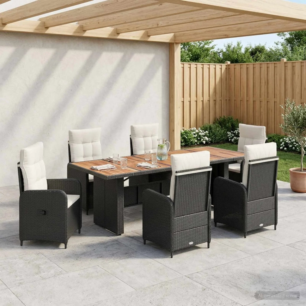 Set da pranzo per esterni 7 pz Nero e Bianco Crema polyrattan 3422373