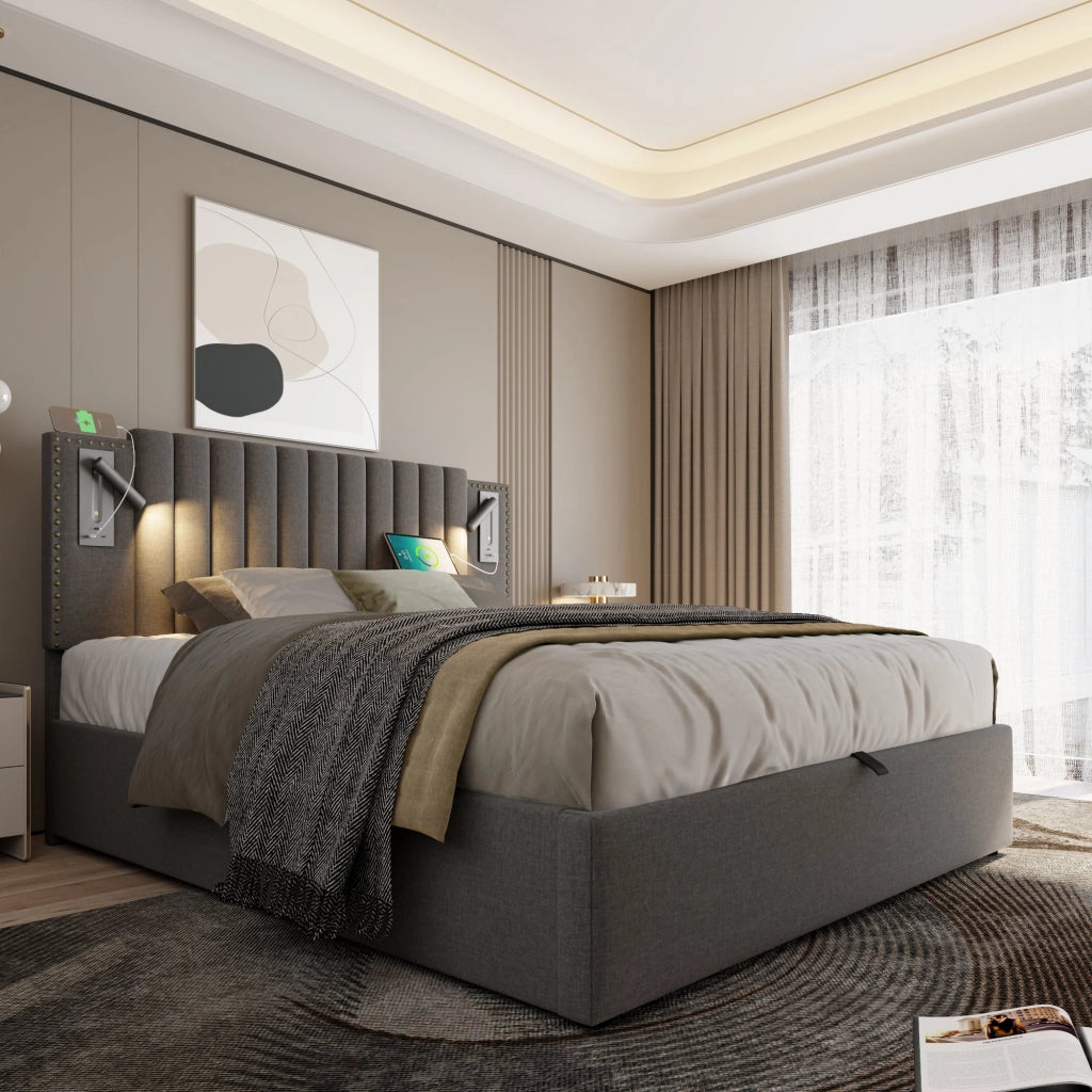 Letti contenitori 160x200 cm; testiera regolabile con luce e USB; cotone; grigio (Senza materasso)