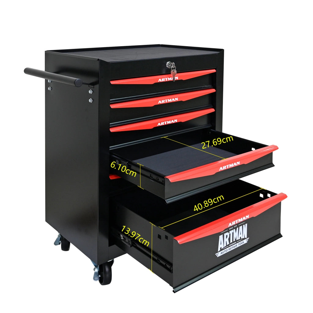 Cassettiera con ruote a 6 cassetti in acciaio con serratura, per garage e officina, nero e rosso, 60 × 33 × 77,5 cm