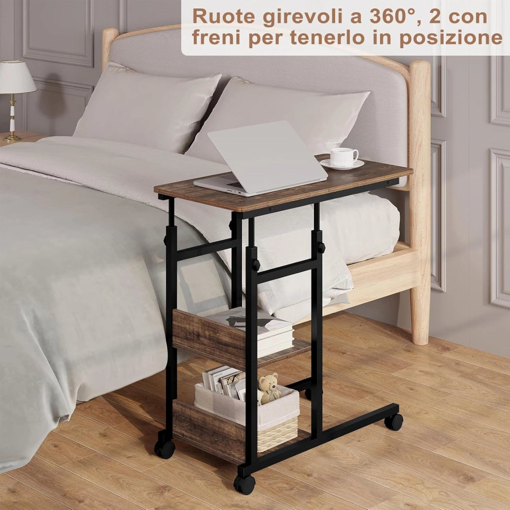 Tavolino da Salotto a Forma di C, Tavolino da Caffè a 3 Livelli, Tavolo Divano Regolabile in Altezza con Ruote Universali, in Legno e Metallo, Rovere vintage + Nero, BTS08hov