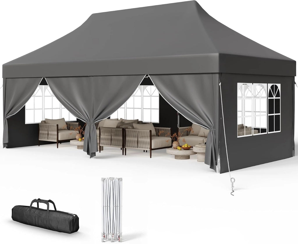 Gazebo 3x6 Pieghevole con Pareti Laterali, Gazebo con Altezza Regolabile, Telo in Tessuto Oxford Impermeabile, Tenda Robusta e Duratura per Matrimoni, Esterno, Giardini e Feste, Grigio