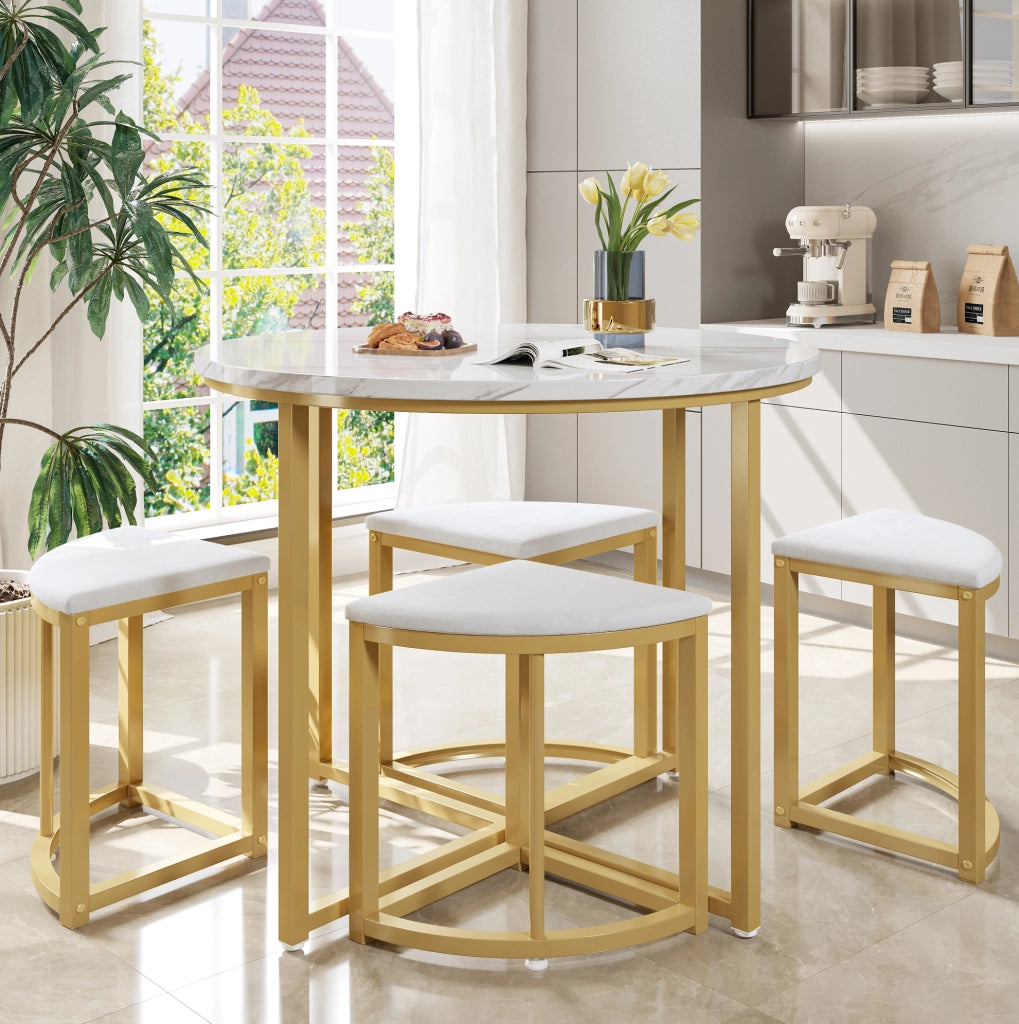 Set da pranzo con tavolo rotondo 80x80x75 cm e 4 sedie; MDF bianco e metallo oro