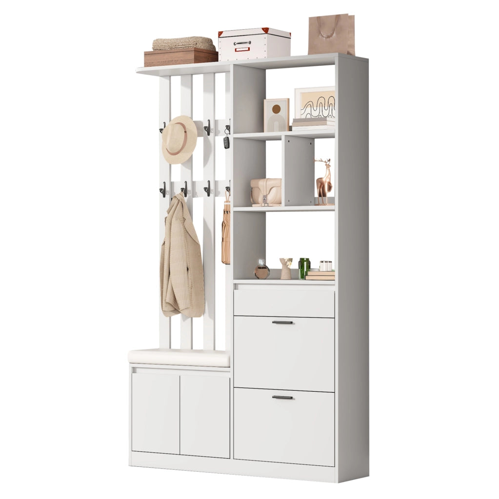 Guardaroba da ingresso 120x30x200 cm con panca imbottita e 10 ganci in MDF bianco