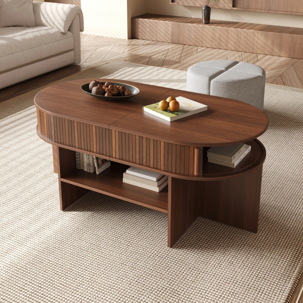 Tavolino da caff猫 ovale con contenitore e sgabelli; noce; 120x60 cm