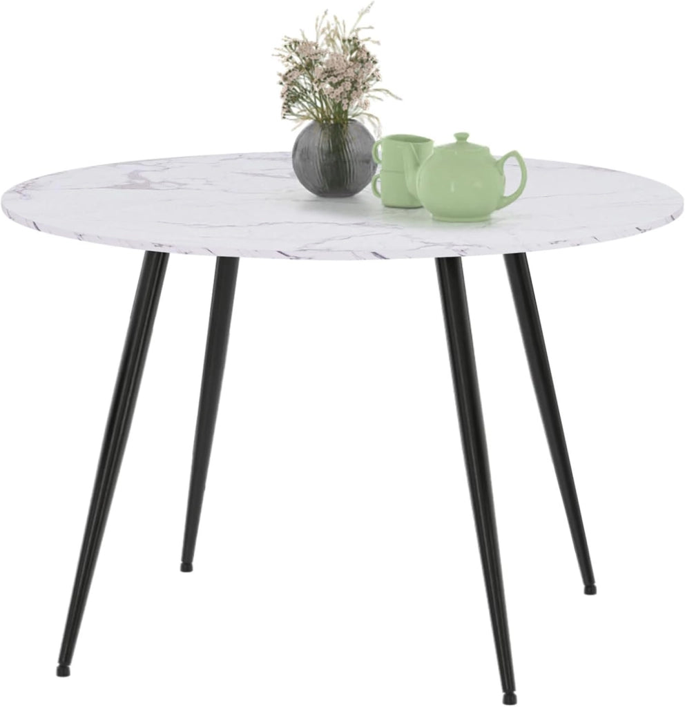 Tavolo da pranzo rotondo per 4 persone AMELIA con gambe in metallo nero effetto marmo bianco ALASKA 110 cm