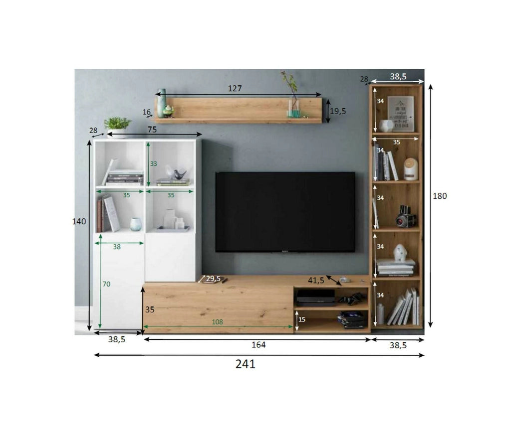 Parete attrezzata Argus, Set da soggiorno con ante e ripiani, Mobile salotto multiuso, 241x28h180 cm, Bianco e Rovere Nodi