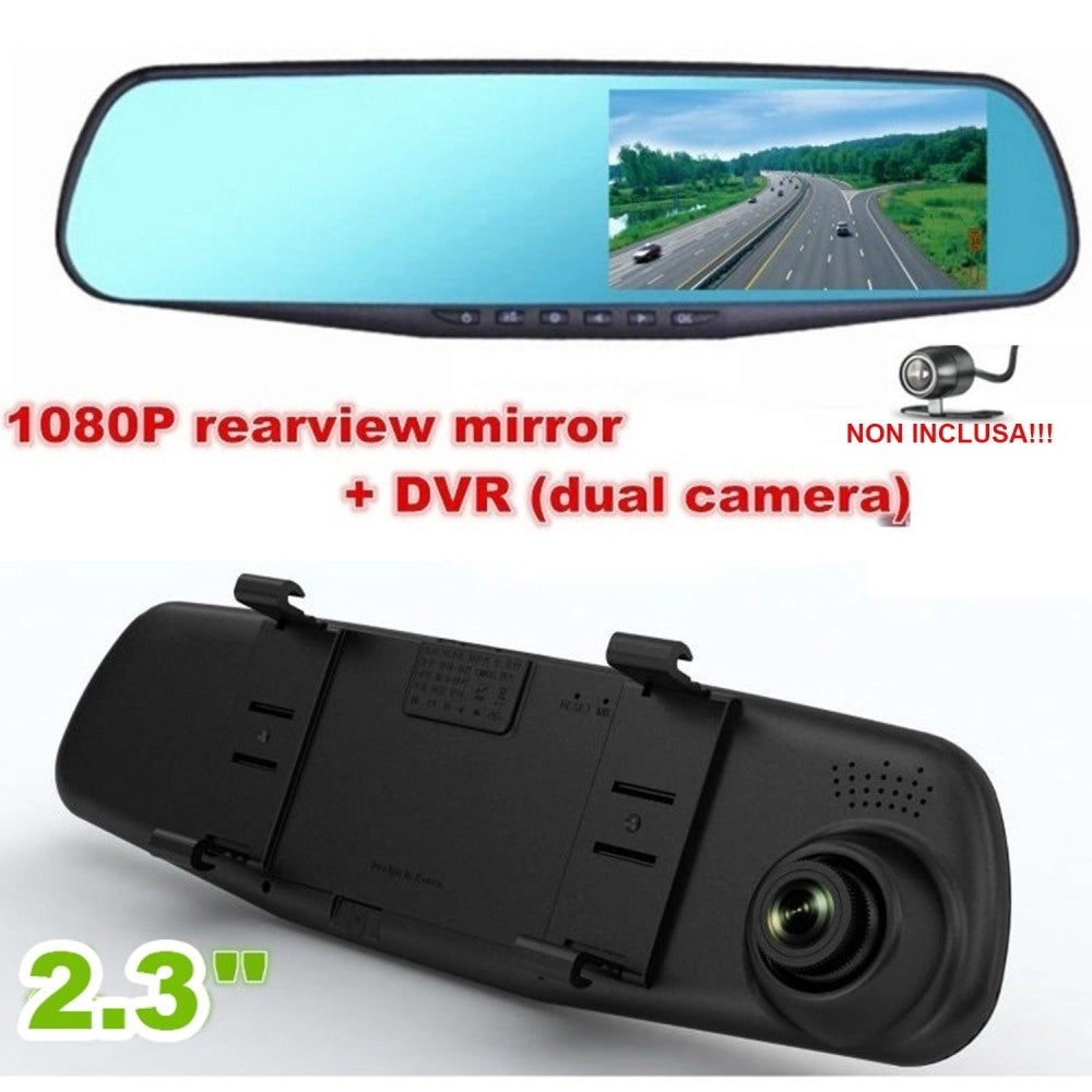Trade Shop - Auto Rearview Specchietto Dvr Telecamera Full Hd 1080p 2.3 "lcd Per Retrocamera -