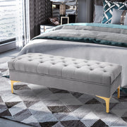 Panca da letto imbottita in velluto con seduta capitonné e gambe dorate in legno grigio chiaro 118 × 45 × 42 cm