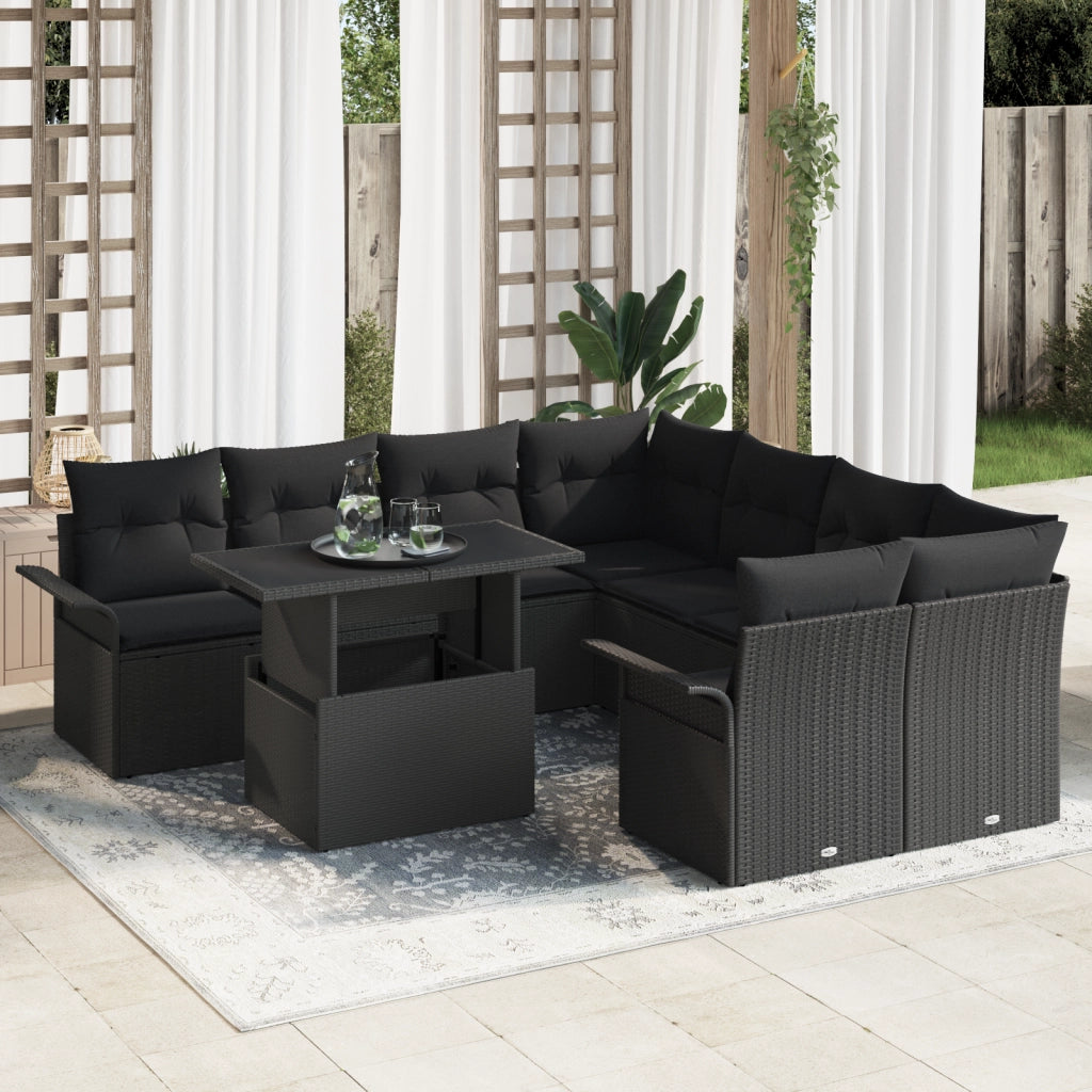 Set di Divani da Giardino 9 Pezzi con Cuscini Nero Polyrattan