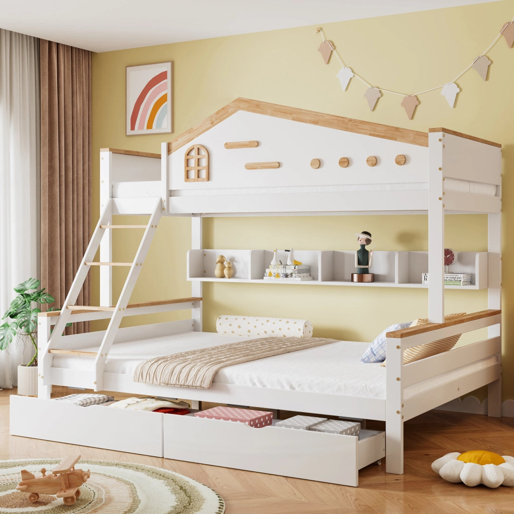 LETTO a castello con finestre, 2 cassetti, 205x148,5x167,5 cm, Bianco/Naturale