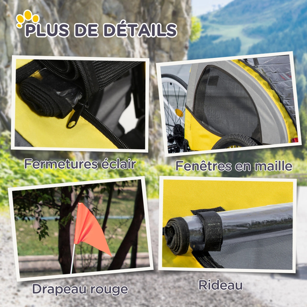 Rimorchio per Bicicletta Cane con Finestre a Maglia ¨C Zephmum ¨C Giallo 140x71x83 cm