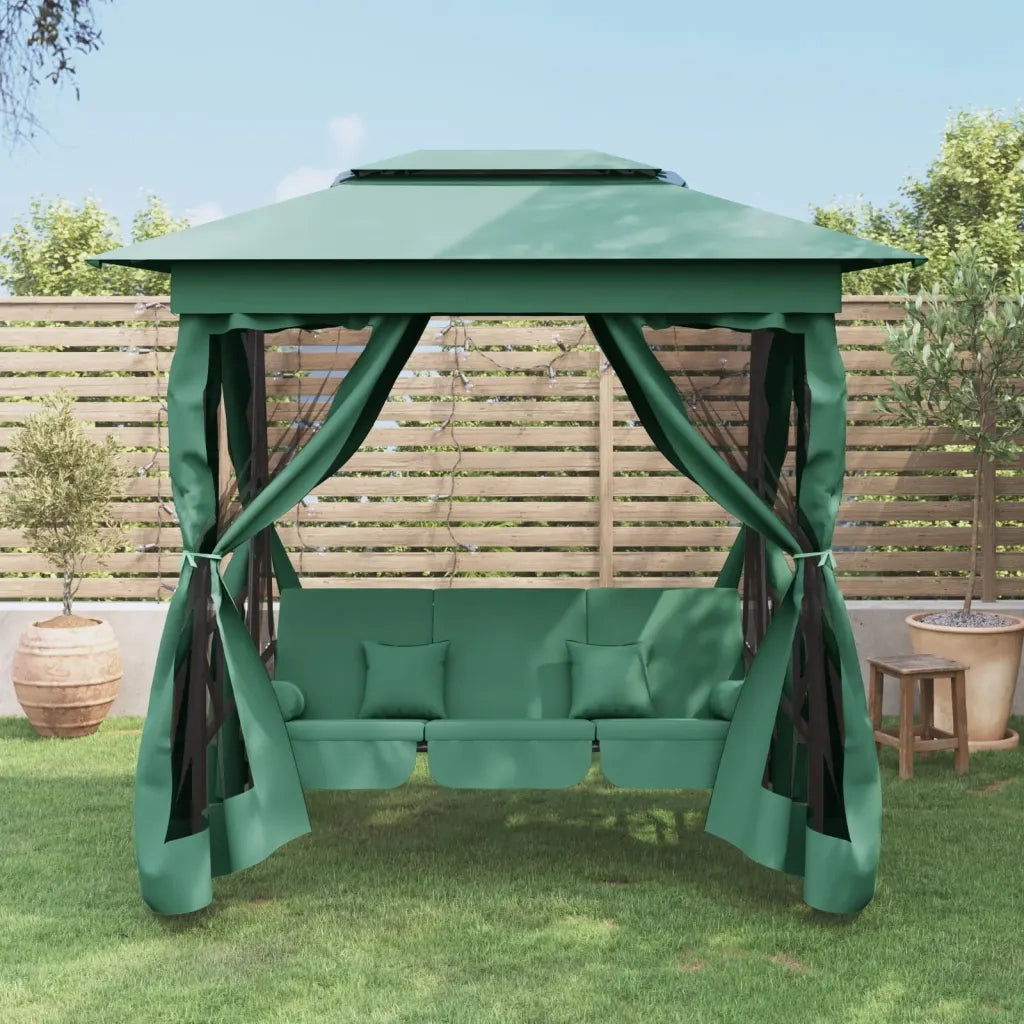 Gazebo con Panca a Dondolo Convertibile Verde Tessuto e Acciaio 363327