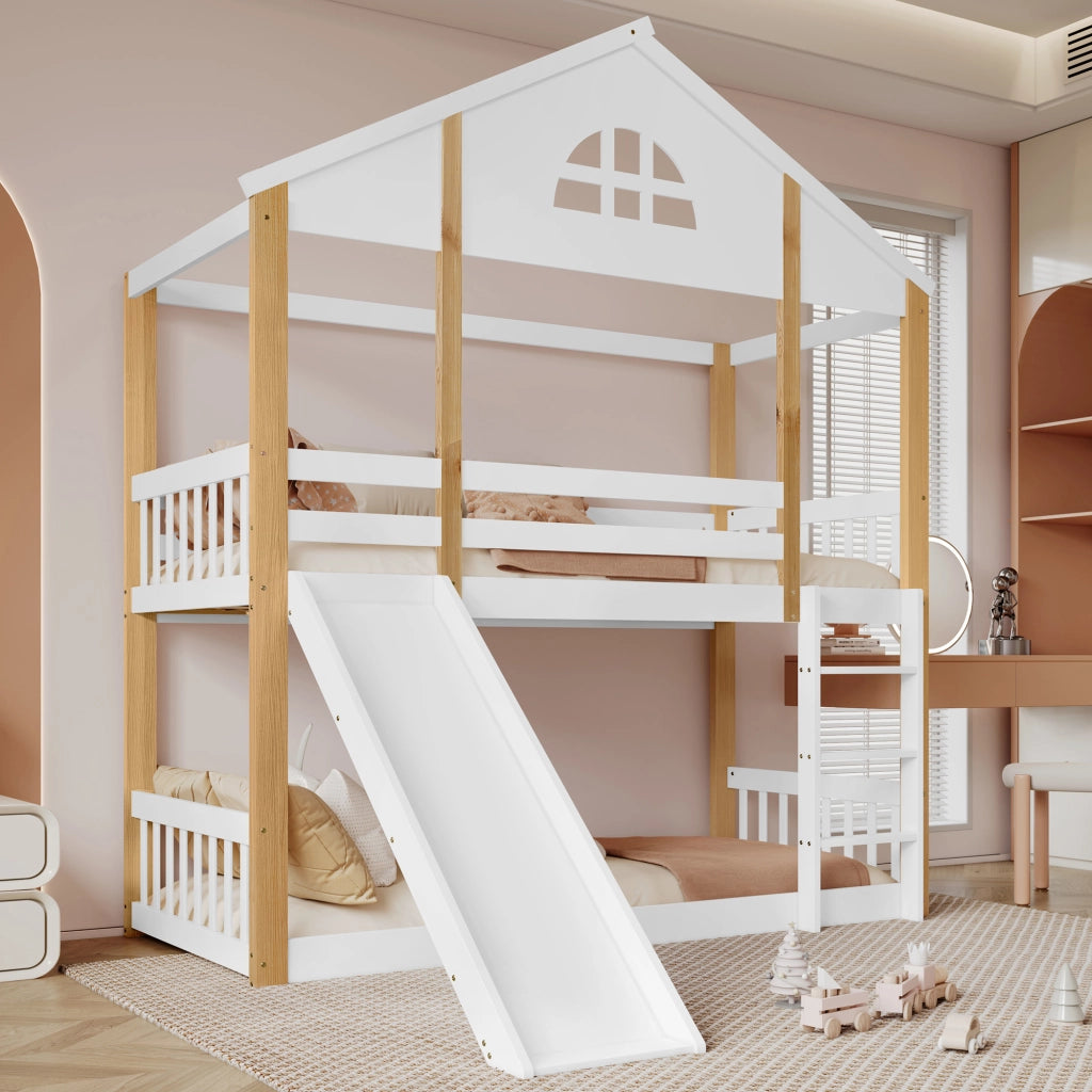 DESMIU Letto a castello 90 × 200 cm 2 posti con scivolo e scala, senza materasso, in legno massello e MDF, bianco e naturale