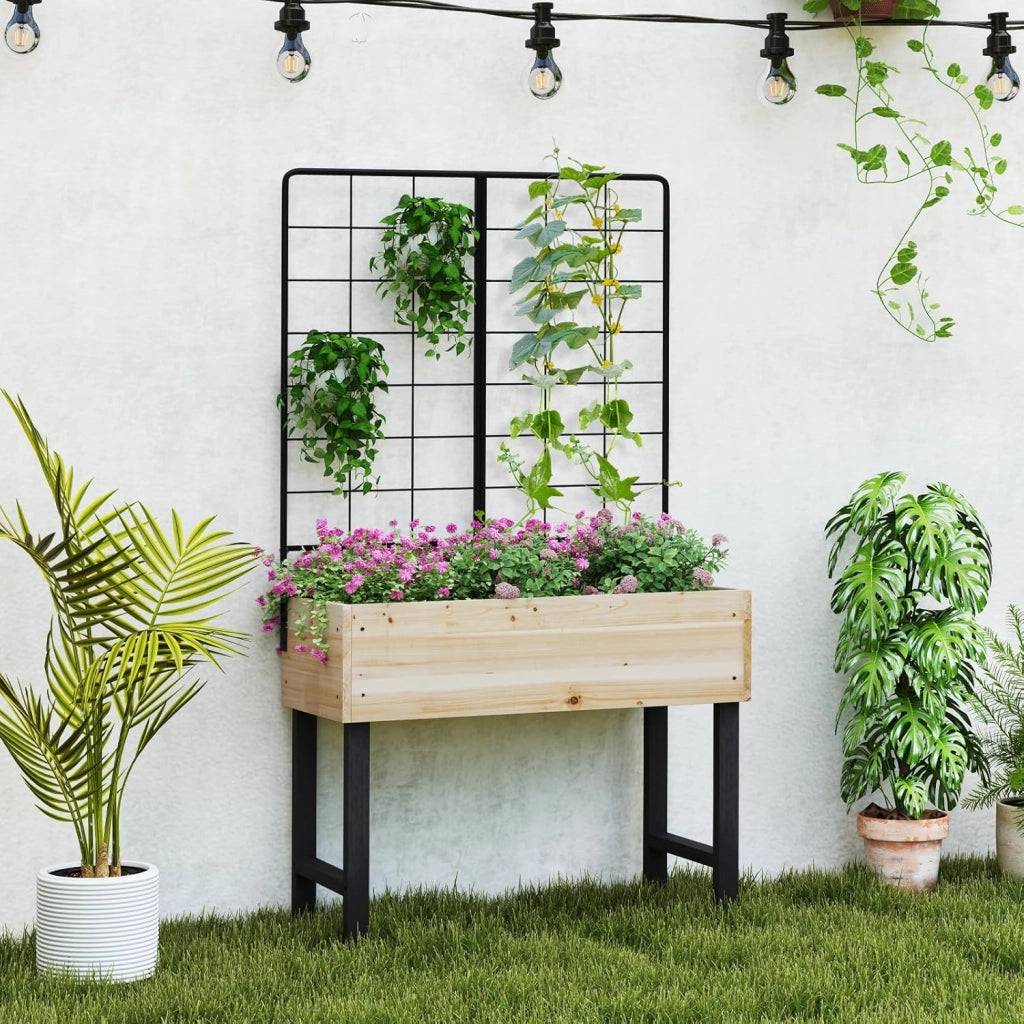 Letto da Giardino Rialzato con Traliccio in Metallo e Drenaggio, Fioriera in Legno Sopraelevata per Piante Rampicanti, Fioriera da Interno ed Esterno per Patio, Balcone e Cortile