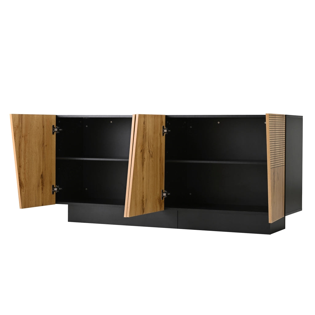 Credenza, mobile da ingresso, 4 ante, finitura effetto legno, ripiani regolabili, nero e color legno