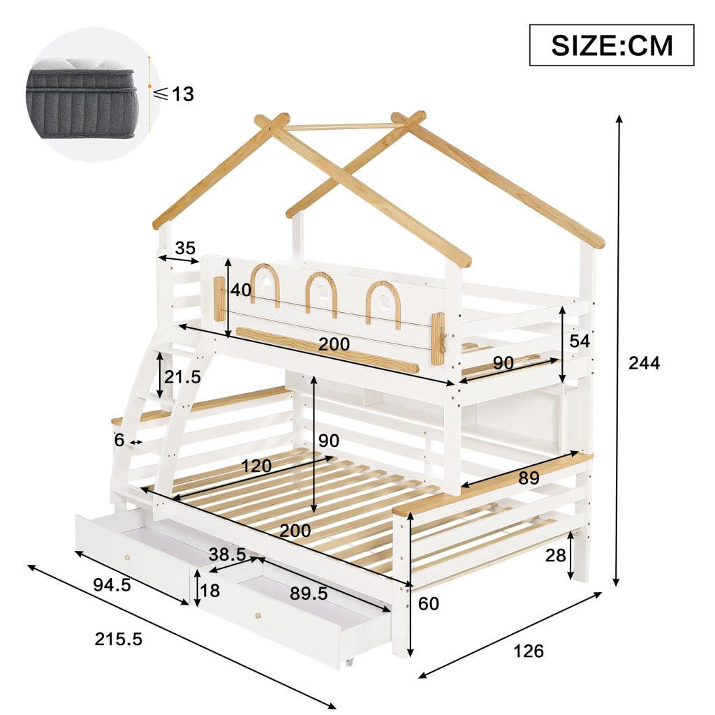 Letto a Castello 90x200 cm e 120x200 cm con 2 Cassetti; Scala e Mensola; Bianco Naturale