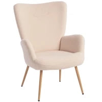 Poltrona Moderna in Tessuto Sherpa Imbottita con Schienale Alto e Braccioli, Beige