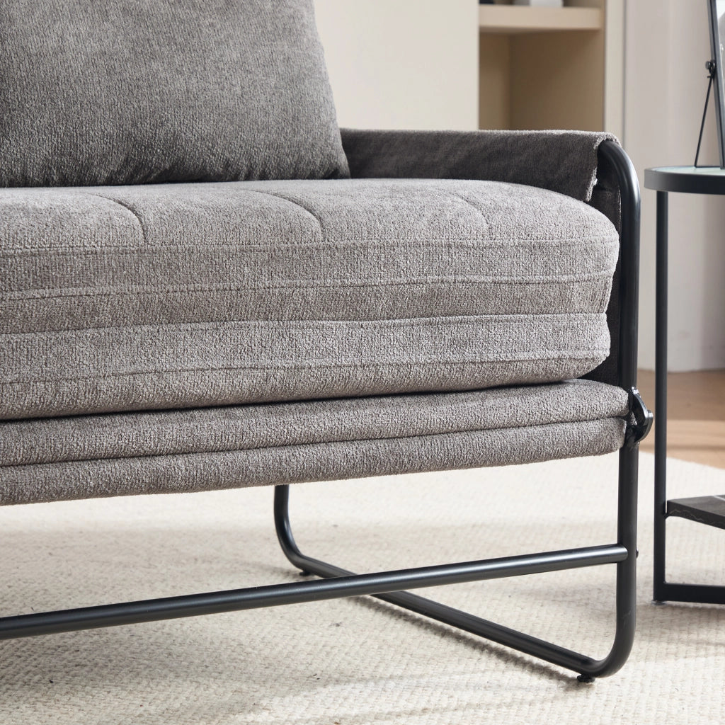 Divano letto 2 posti con funzione letto; tasche laterali e struttura in metallo in chenille grigio