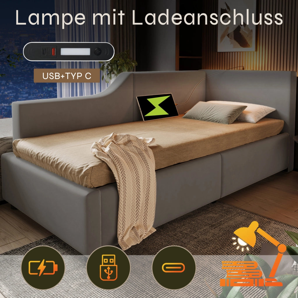 Letto contenitore imbottito 90x190 cm in velluto grigio con USB-C e lampada da lettura