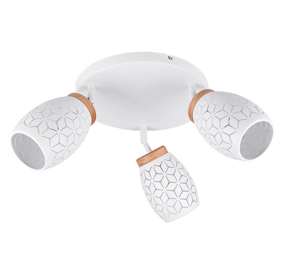 Plafoniera 3 spots, metallo, bianco e legno, D 58 cm, Bidar
