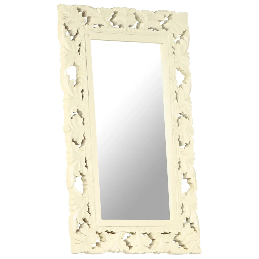 Specchio Intagliato a Mano Bianco 80x50 cm in Massello di Mango 321642