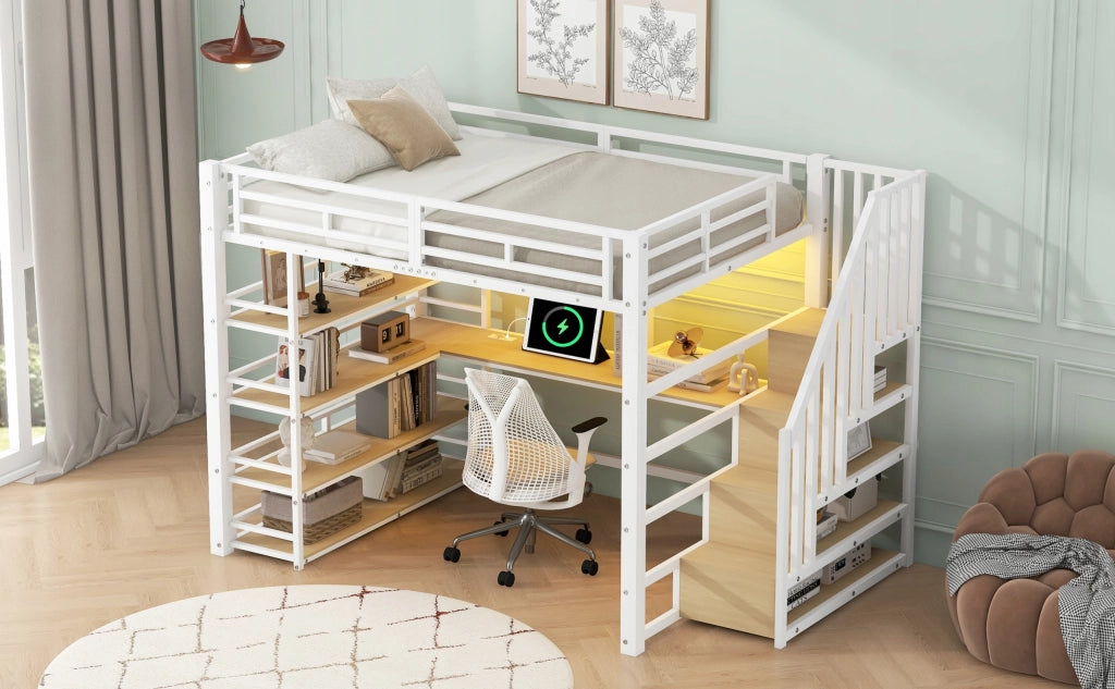 Letto a soppalco con scrivania - Xylo - 140x200 - Bianco - LED, USB, scale