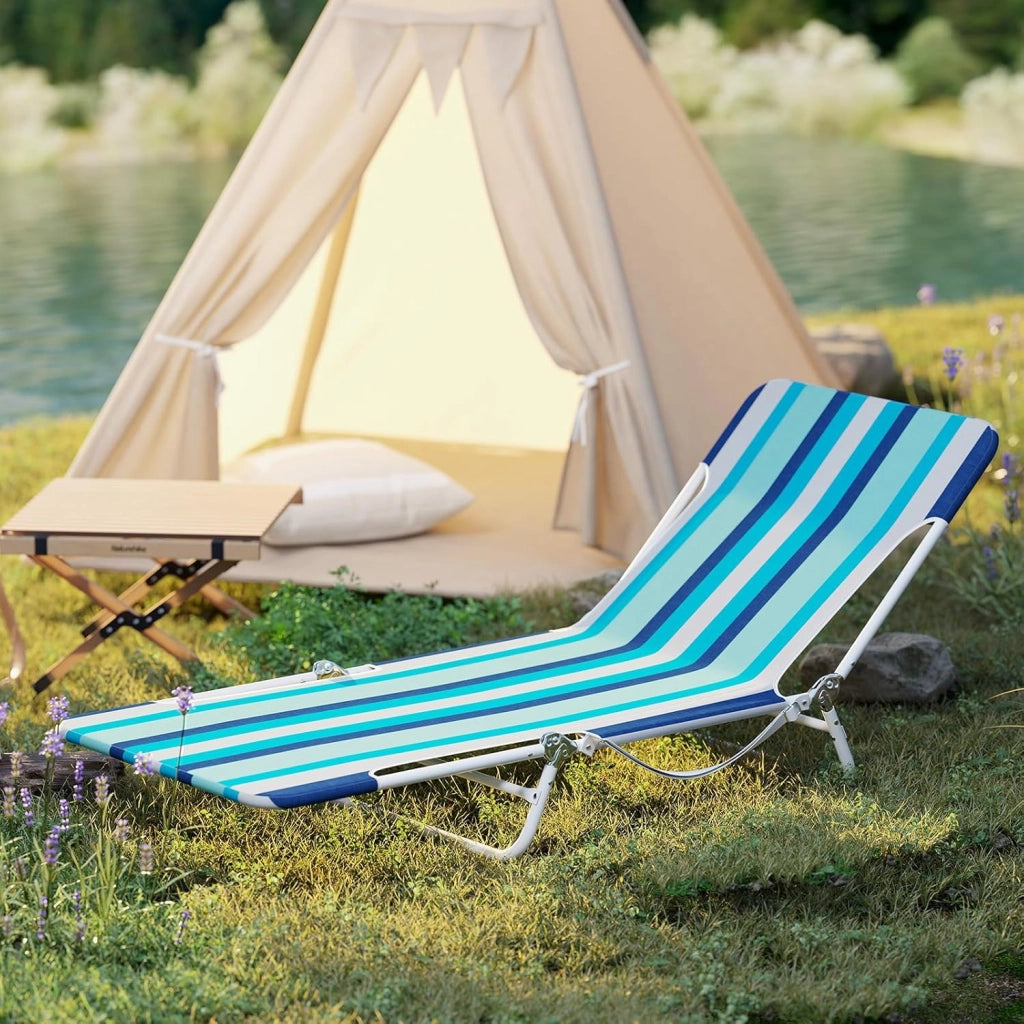 Set di 2 Lettino da Spiaggia Pieghevole, Sedia Reclinabile da Spiaggia a 5 Posizioni con Cinghia, Sedia a Sdraio Portatile da Campeggio Patio, Portata 150 kg (A Righe)