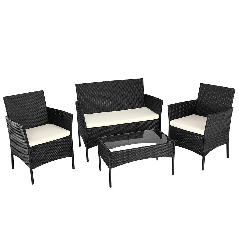Set da Giardino 4pz in Polyrattan 2 Poltrone 1 Tavolino 1 Divano uso Esterno Nero