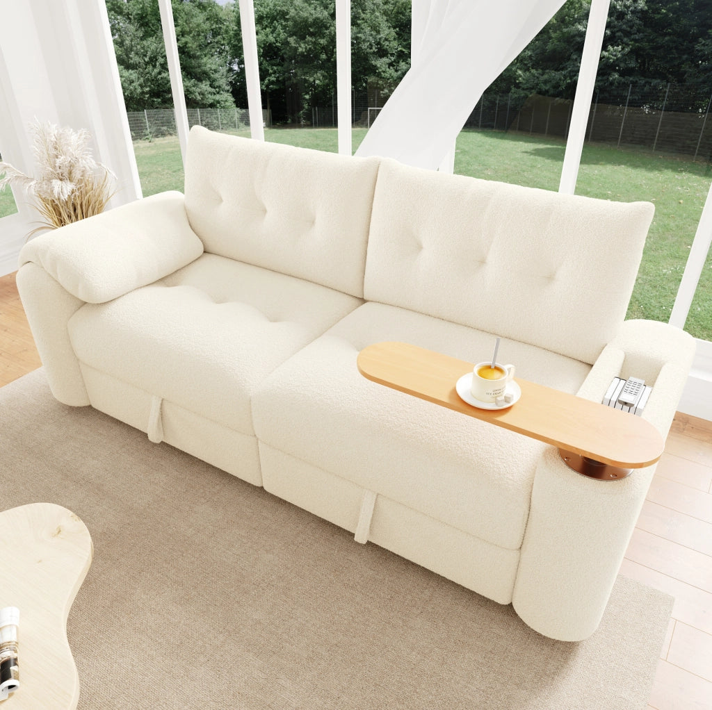 Divano modulare 2 posti con tavolino integrato e contenitore in teddy beige