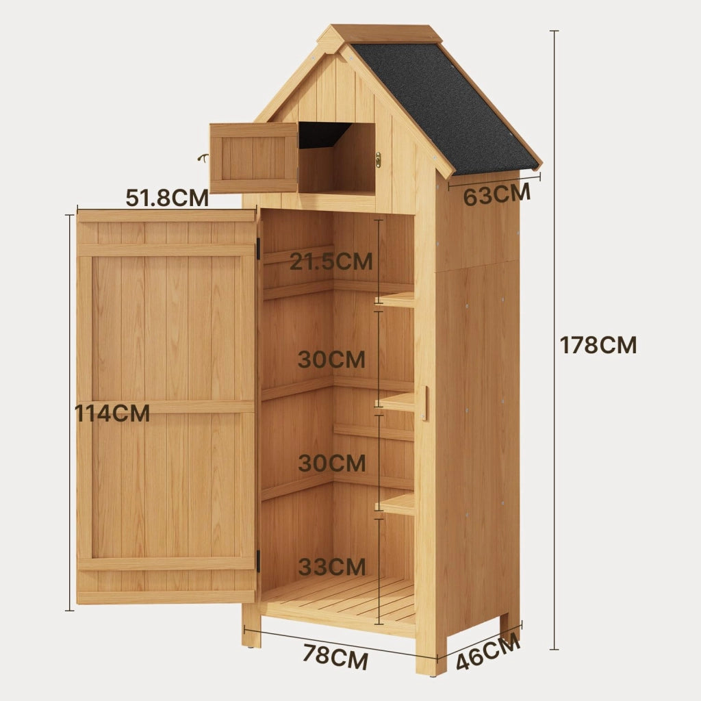 Armadio per Giardino, Casetta per Strumenti in Legno, Riposizione per Strumenti di Giardino con Ripiani con Tetto di Asfalto, per Prato, Giardino, Cortile, 77x54,2x179cm, Grigio (Natural)