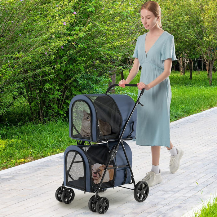 Passeggino per Cani Pieghevole, Carrozzina per Cani Multifunzionale 4 in 1 a Doppio Livello, Passeggino Smontabile con Ruote, Ideale per Passeggiata Viaggio e Shopping (Blu)