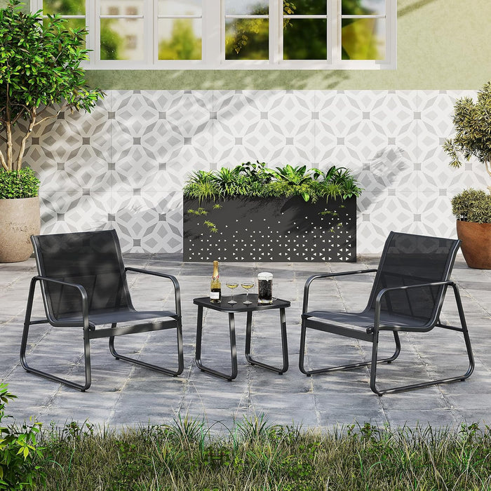 Set da Conversazione a 3 Pezzi, Set di 2 Sedie in Textilene e Tavolino in Vetro Temperato, Set da Giardino a 3 Pezzi con Struttura in Metallo, per Giardino, Terrazza, Piscina (Nero)