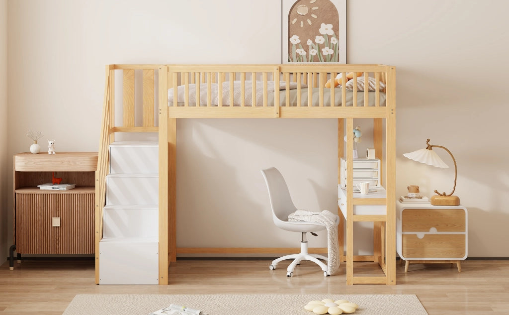 Letto a castello bianco con tavolo multifunzione in legno di pino 90x200 cm