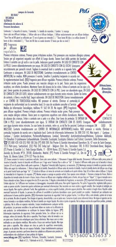 AMBIPUR ELECTRIC RICARICA 80 GIORNI ELIMINAZIONE DEGLI ODORI E FRESCHEZZA DURATURA LAVANDA NATURALE 21,5 ML