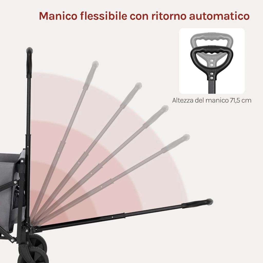 Carrello da Giardino Pieghevole con Ruote, 2 Portabicchieri, Pannello Posteriore Ribaltabile, Manico a Ritorno Automatico, Carrello Portata 150 kg, Telaio in Metallo, per Esterno, Grigio