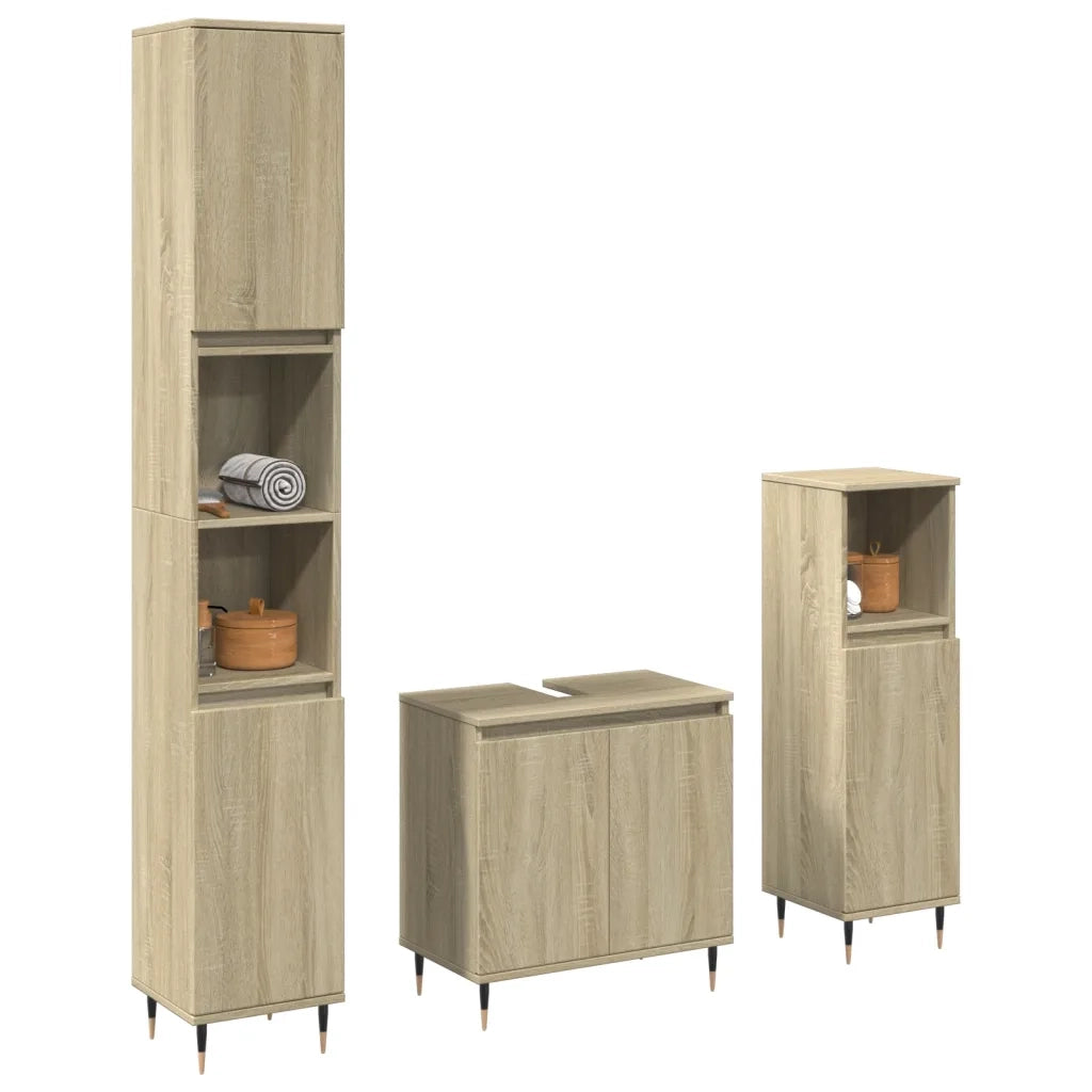 Set Mobili da Bagno | Armadio da bagno 3 pz Rovere Sonoma in Legno Multistrato