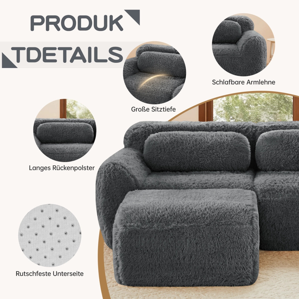 OKWISH Divano Modulare 2 Posti, Design Senza Struttura Componibile Liberamente, con Cuscini e Base Antiscivolo, Peluche, Grigio