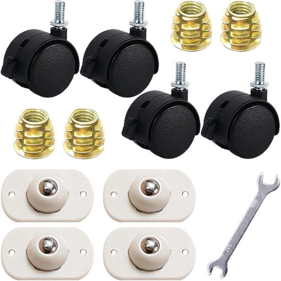 Ruote universali con freni - rulli per mobili - viti a trapezio e chiave - rulli in nylon.