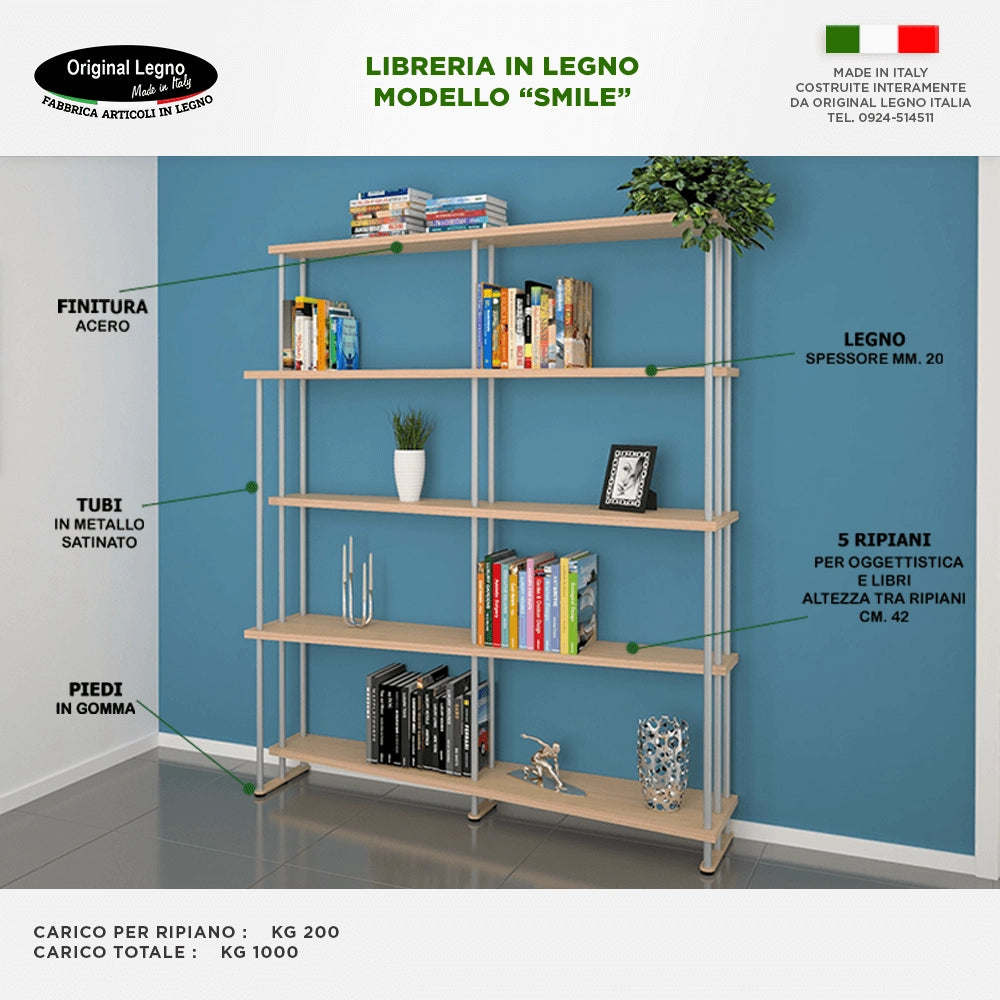 LIBRERIA MENSOLA SCAFFALE IN LEGNO MODELLO SMILE CON 5 RIPIANI CARICO MAX 1000 FINITURA ACERO L.150  x P.35/22 x H.190 MADE IN ITALY
